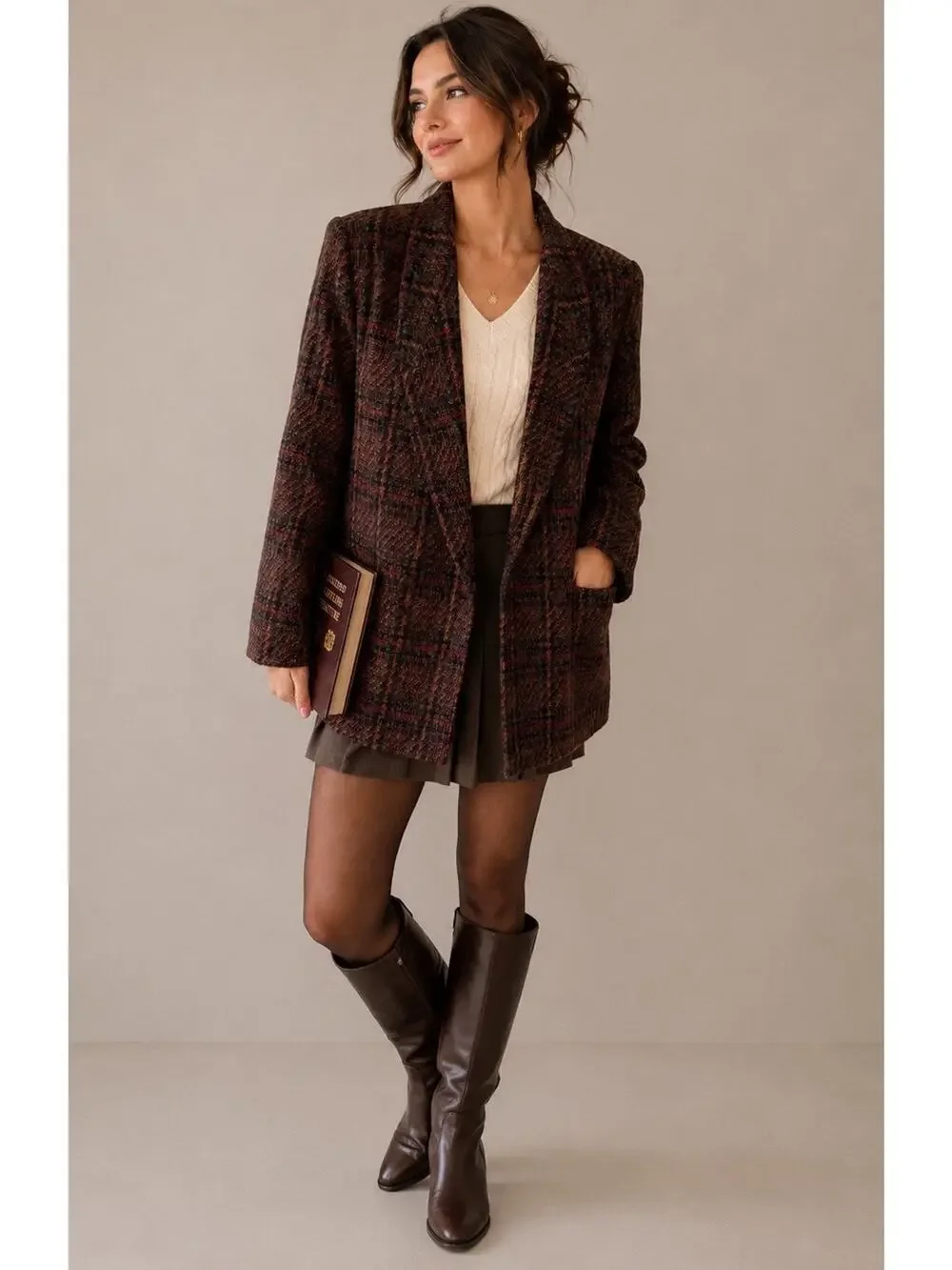 VTG Giorgio Sant’Angelo Plaid Tweed Wool Blazer Jacket Sz 14 Brown/Red Academia